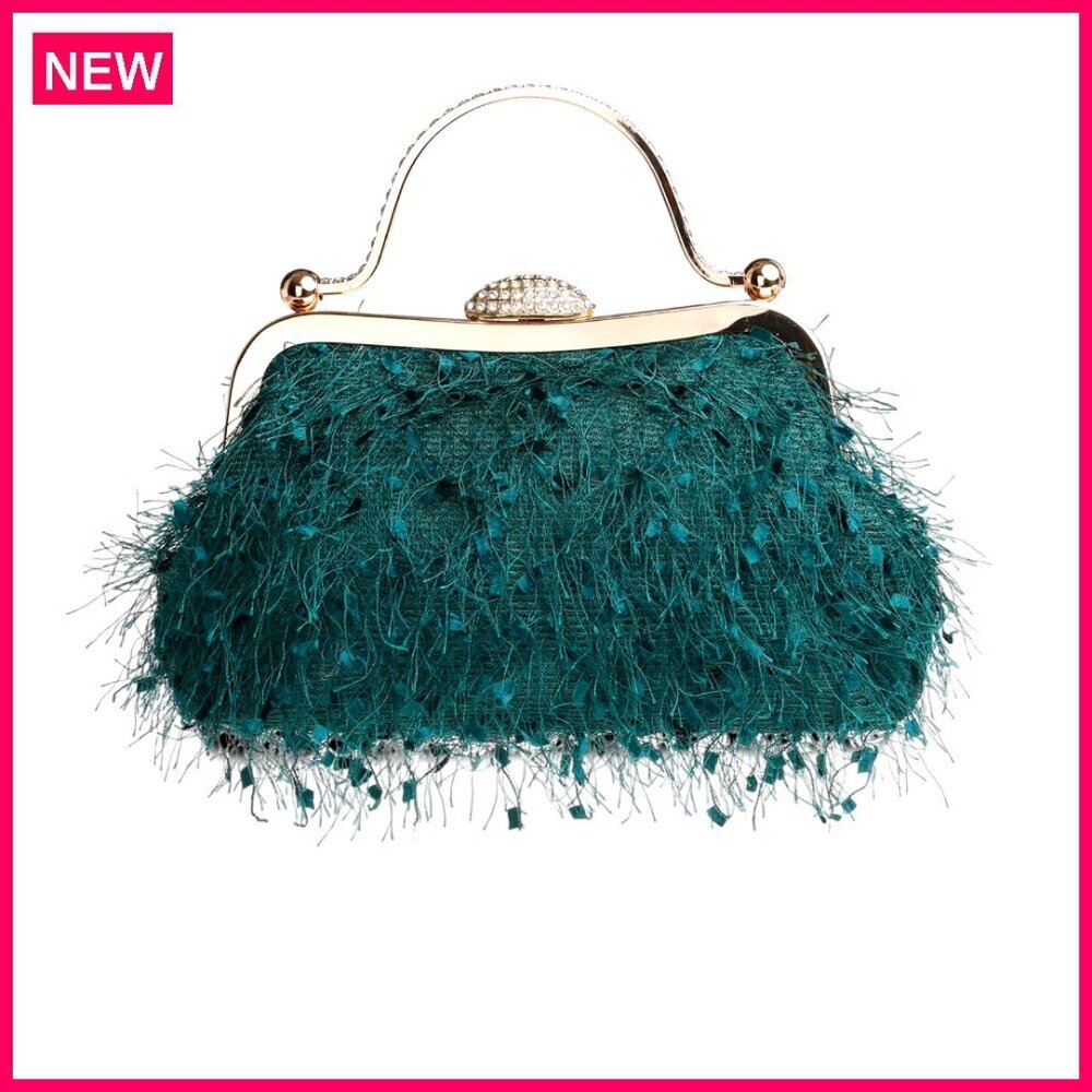Feather Tassel Evening Clutch Purse with Removable Chain Strap